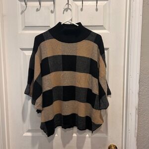 Note di Anita Italian Merino Wool Cashmere Poncho Cape Black Beige Buffalo Plaid